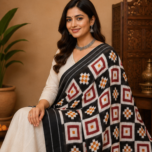 Double Ikkat Duppata | Black