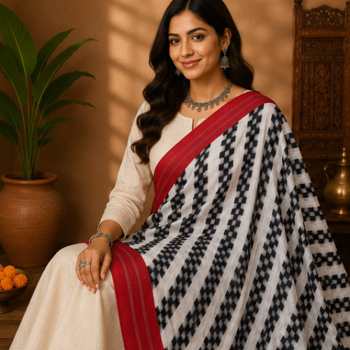 Double Ikkat Duppata | White and Red