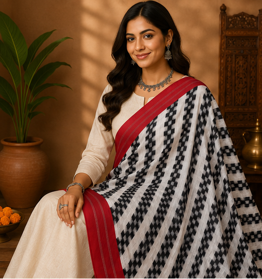 Double Ikkat Duppata | White and Red