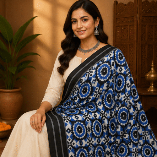 Double Ikkat Duppata | Black and Blue