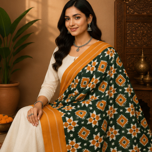 Double Ikkat Duppata | Yellow and Green