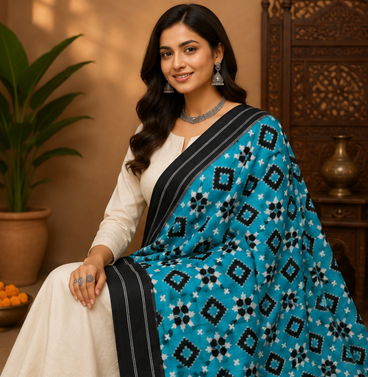 Double Ikkat Duppata | Blue And Black