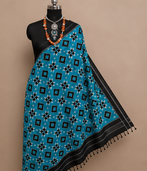 Double Ikkat Duppata | Blue And Black - Image 4