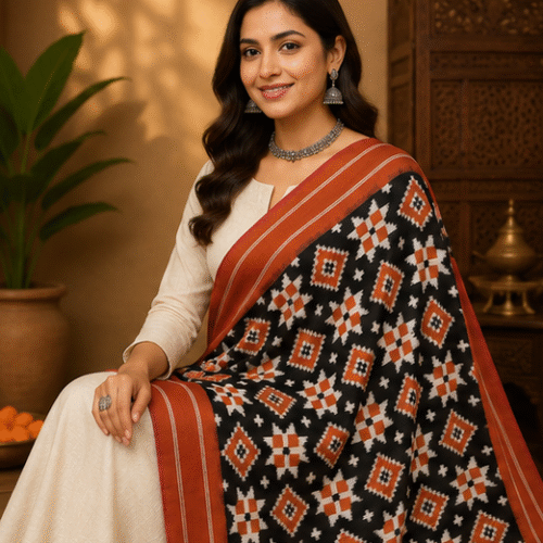 Double Ikkat Duppata | Orange