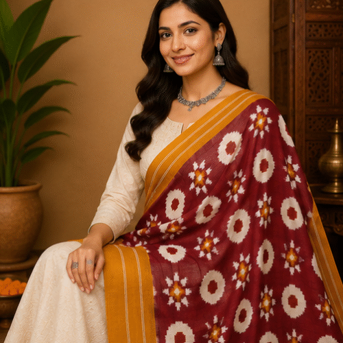 Double Ikkat Duppata | Yellow and Red