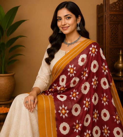 Double Ikkat Duppata | Yellow and Red