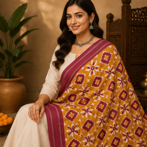 Double Ikkat Duppata | Yellow and Red