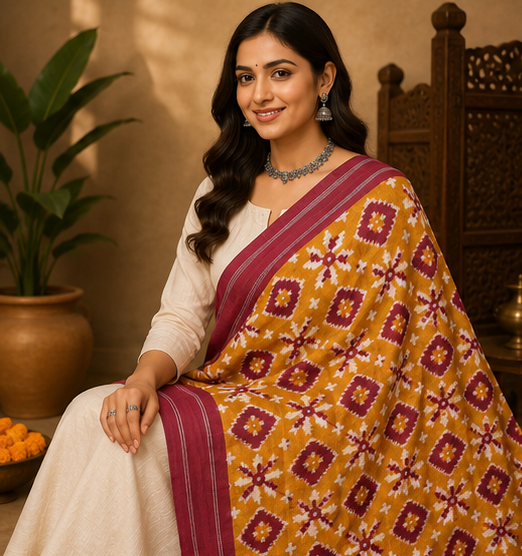 Double Ikkat Duppata | Yellow and Red