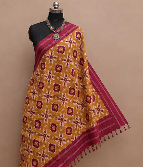Double Ikkat Duppata | Yellow and Red - Image 3