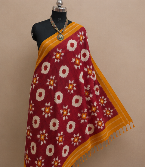 Double Ikkat Duppata | Yellow and Red - Image 3
