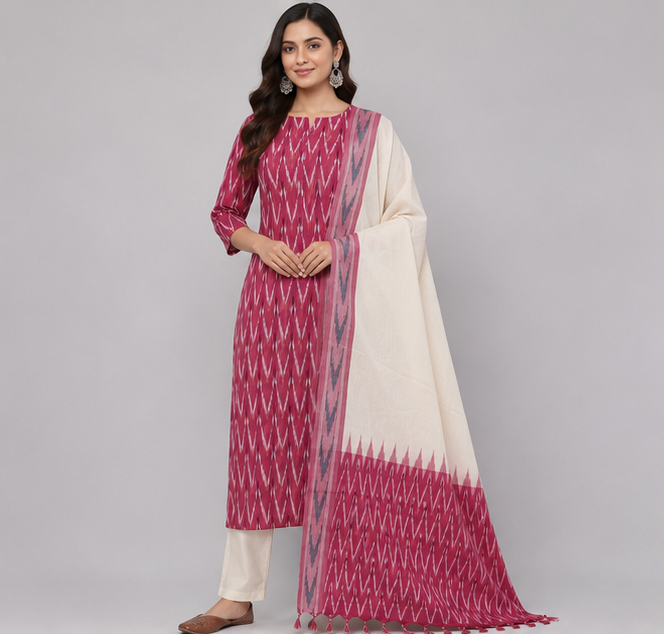 Ikkat Pure Cotton Dress Material Set