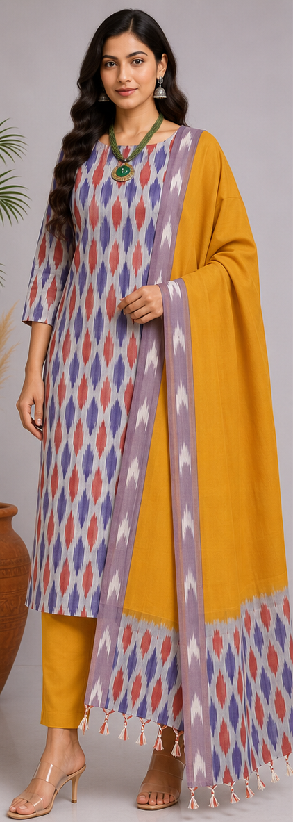 Ikkat Pure Cotton Dress Material Set