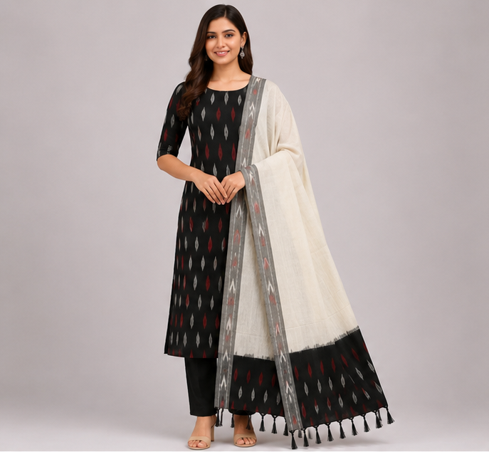Ikkat Pure Cotton Dress Material Set