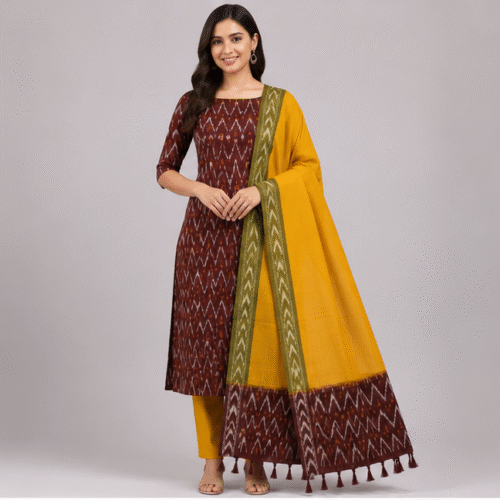 Ikkat Pure Cotton Dress Material Set