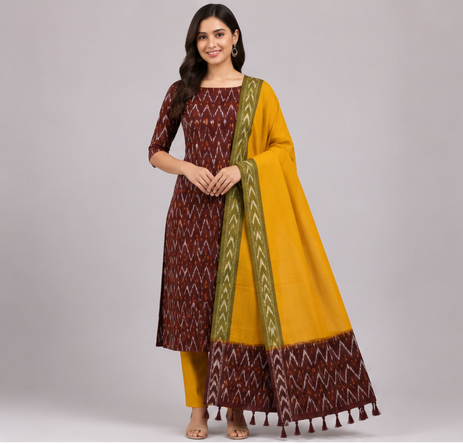 Ikkat Pure Cotton Dress Material Set
