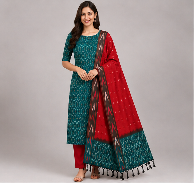 Ikkat Pure Cotton Dress Material Set|