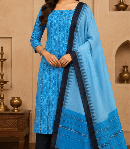Handloom Sambalpuri Ikat Cotton Dress Material Set | Blue