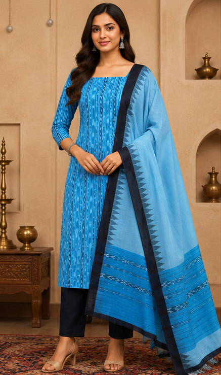 Handloom Sambalpuri Ikat Cotton Dress Material Set | Blue