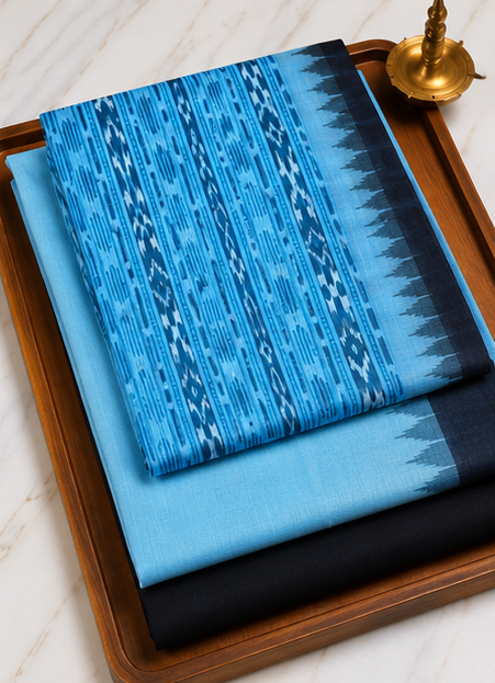 Handloom Sambalpuri Ikat Cotton Dress Material Set | Blue - Image 3