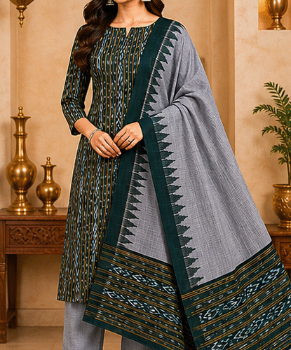 Handloom Sambalpuri Ikat Cotton Dress Material Set | Green