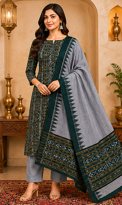 Handloom Sambalpuri Ikat Cotton Dress Material Set | Green