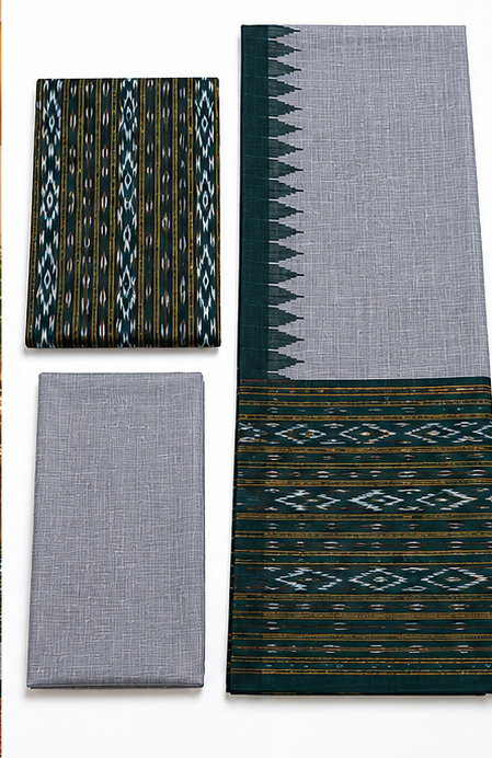 Handloom Sambalpuri Ikat Cotton Dress Material Set | Green - Image 2