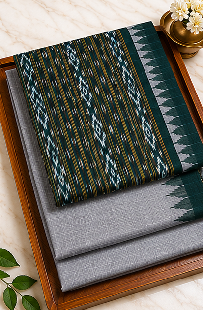 Handloom Sambalpuri Ikat Cotton Dress Material Set | Green - Image 3