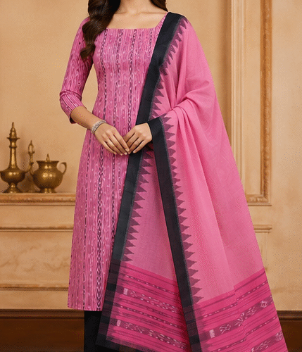 Handloom Sambalpuri Ikat Cotton Dress Material Set | Pink