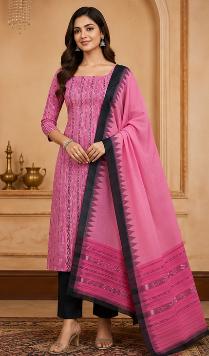 Handloom Sambalpuri Ikat Cotton Dress Material Set | Pink