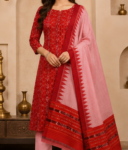 Handloom Sambalpuri Ikat Cotton Dress Material Set | Red