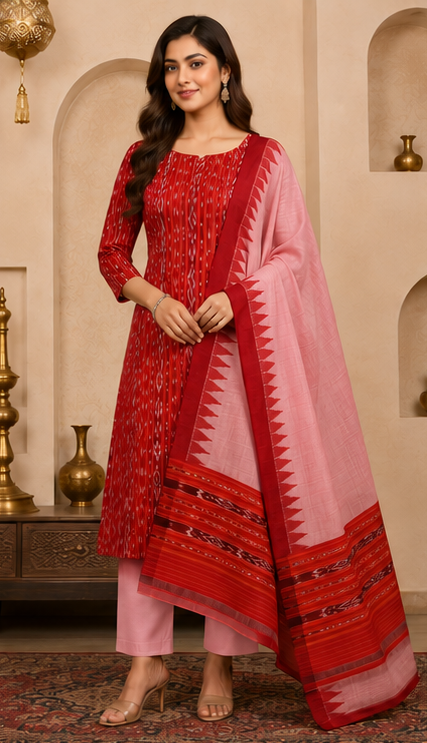 Handloom Sambalpuri Ikat Cotton Dress Material Set | Red