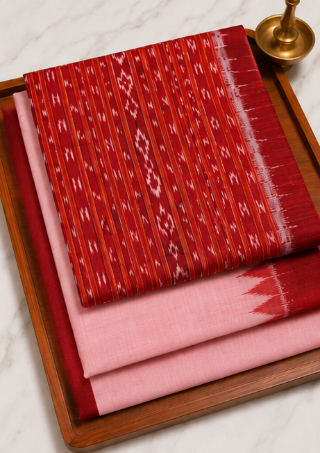 Handloom Sambalpuri Ikat Cotton Dress Material Set | Red - Image 3