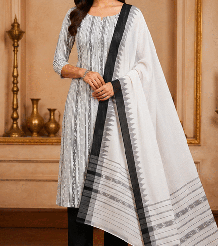Handloom Sambalpuri Ikat Cotton Dress Material Set | White