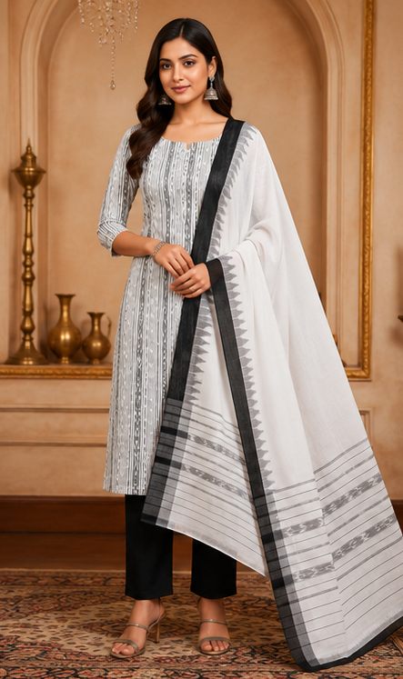 Handloom Sambalpuri Ikat Cotton Dress Material Set | White