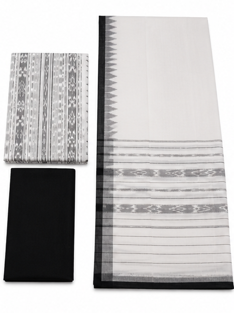 Handloom Sambalpuri Ikat Cotton Dress Material Set | White - Image 2