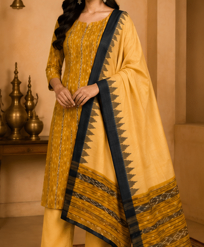 Handloom Sambalpuri Ikat Cotton Dress Material Set | Yellow