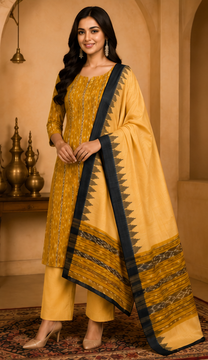 Handloom Sambalpuri Ikat Cotton Dress Material Set | Yellow