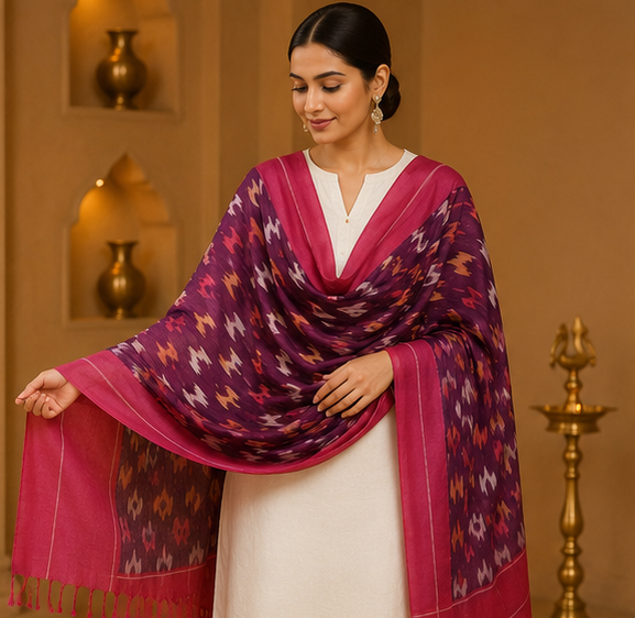 Mercerized Cotton Duppata | Red and Pink