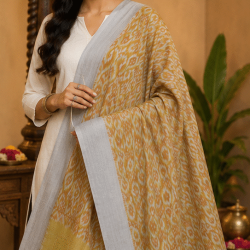 Mercerized Cotton Duppata | Yellow and Orange