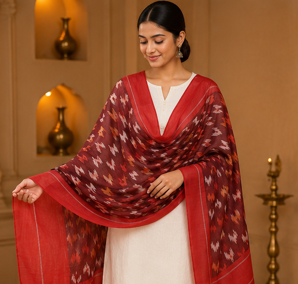Mercerized Cotton Duppata | Red