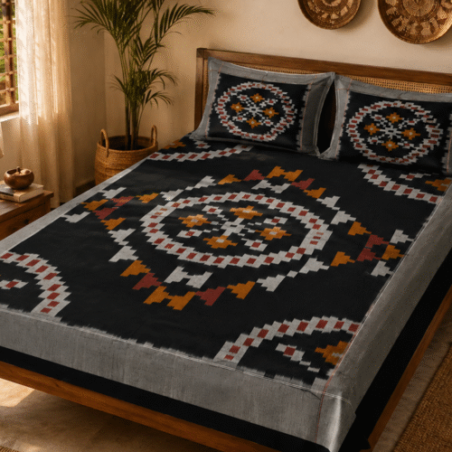 Pochampally Konark Design Bed Sheets | Black