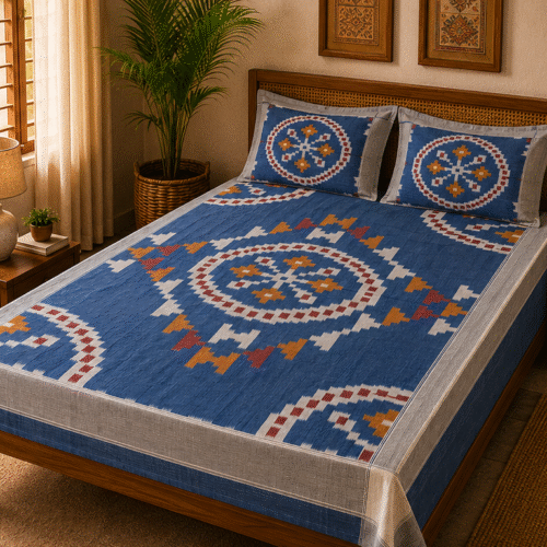 Pochampally Konark Design Bed Sheets | Blue