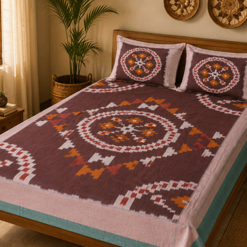 Pochampally Konark Design Bed Sheets | Brown