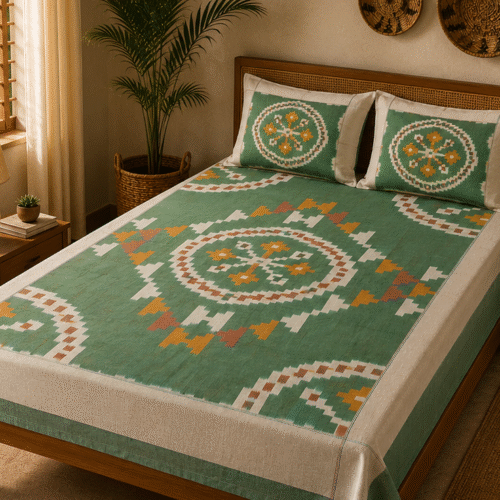 Pochampally Konark Design Bed Sheets | Green