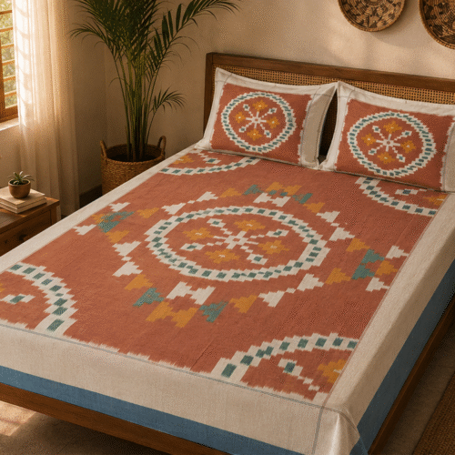Pochampally Konark Design Bed Sheets | Orange