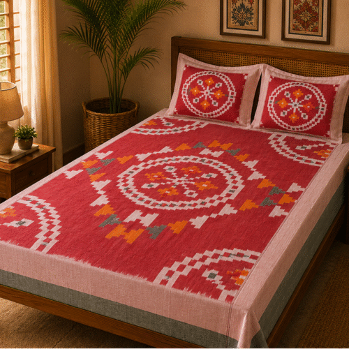 Pochampally Konark Design Bed Sheets | Red