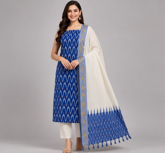 Ikkat Pure Cotton Dress Material Set