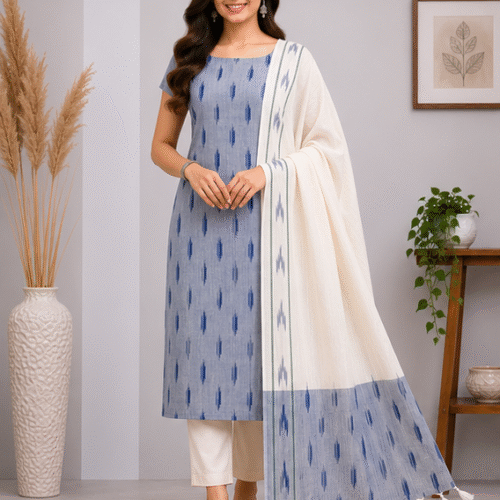 Ikkat Pure Cotton Dress Material Set