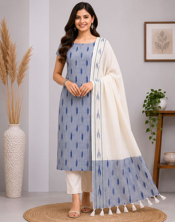 Ikkat Pure Cotton Dress Material Set