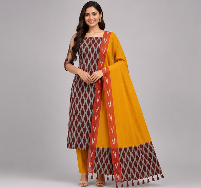 Ikkat Pure Cotton Dress Material Set